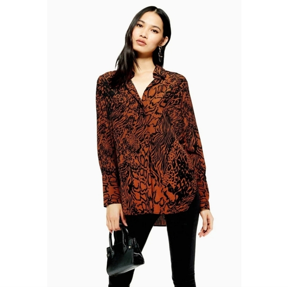 Topshop Tops - TopShop Black & Brown Tiger/Leopard Print Mixed Animal Pattern Button Down Shirt